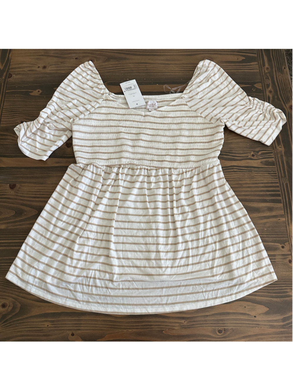 Isabel Maternity Blouse Women's XL NWT White Beige Striped Smocked Top